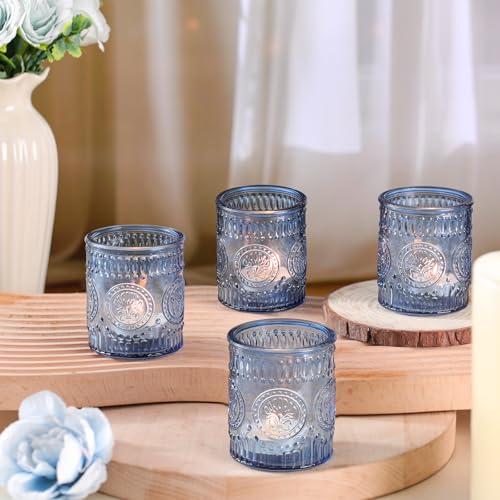 MATAHUM 24 Pcs Blue Votive Candle Holders, Glass Tealight Candle Holders for Wedding Table Centerpiece, Home Decor, Birdal Shower, Party - color: Blue