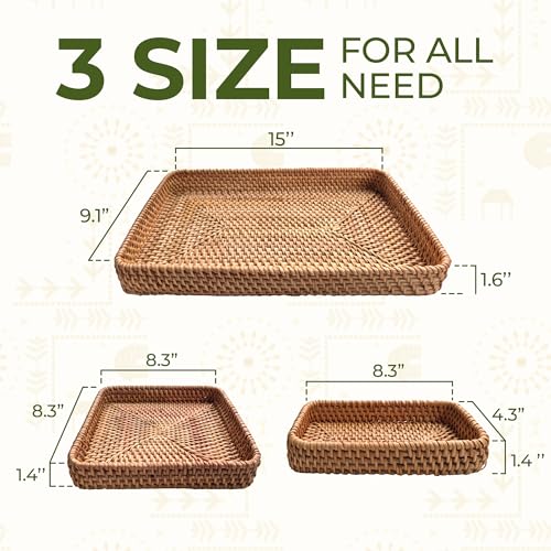 Set of 3 Rattan Serving Trays – Handwoven Wicker Trays for Bathroom, Kitchen, Coffee Table, Ottoman; Modern Farmhouse, Boho, Rustic & Coastal Home Decor - style: Natural Rattan Trays
