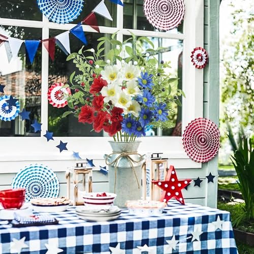 Krissing 4th of July Artificial Flowers with Vase, 20“ Patriotic Fake Flower in Vase Red White and Blue Flowers for 4th of July Centerpiece Decorations Cemetery Flowers for Independence Memorial Day - color: Red&white&blue