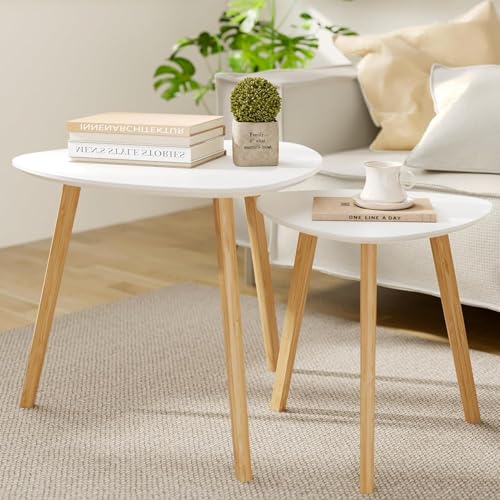 BAMEOS Bamboo Nesting Triangle End Table,Set of 2 Side Table Modern Minimalist Coffee Table for Living Room, Balcony in White - color: White