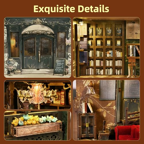MiniCity Book Nook Kit, DIY Doll House Booknook, Miniature Kit for Bookshelf Doll Houses for Adults Teen Halloween, 3D Wooden Puzzle Bookends with Led Light and Dust Cover (Saisons Café) - style: Saisons Café