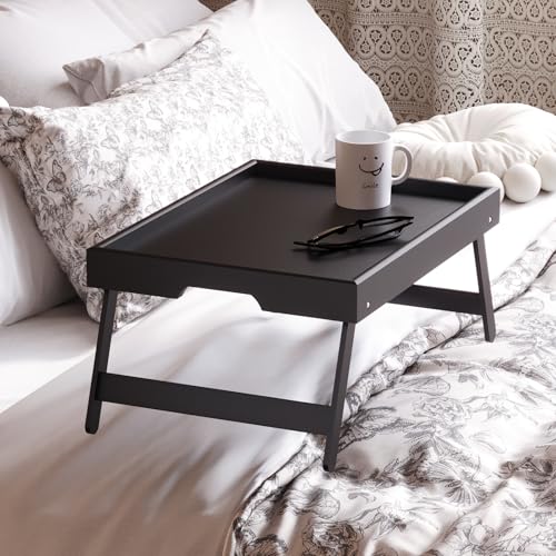 Fibogollo 4 Pack Bamboo Bed Tray Table with Folding Legs,Breakfast Trays,Serving Tray,Laptop Trays for Working,Food Snack Tray for Bed and Sofa(Black) - color: Black, size: 4 PC