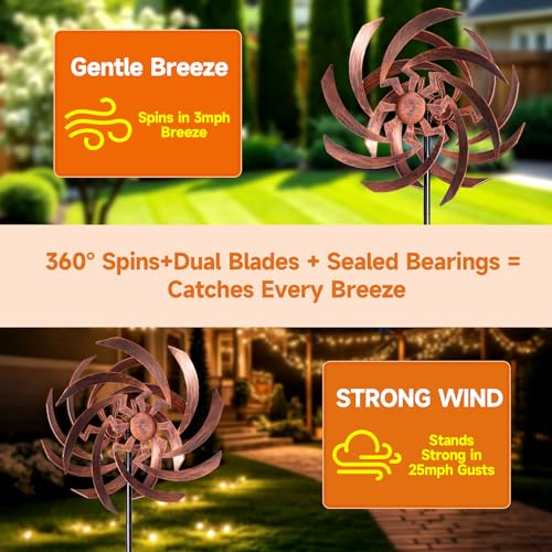 Wind Spinners Outdoor Garden Decor, 360°Metal Kinetic Wind Sculpture Spinner, 16W*76H inch Windmill for Yard, Patio, Backyard, Garden Gifts for Women - color: Cooper