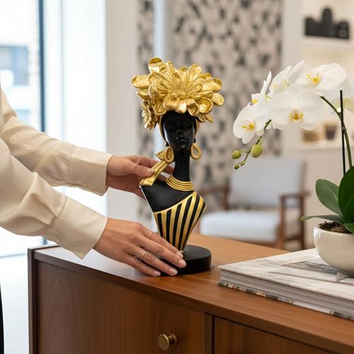 Lescafita African Woman Art Sculpture with Gold Floral Crown, Black and Gold Striped Statue,Elegant African-Inspired Art Gift suitable for various settings such as home, bookshelves, desks, or offices - color: 704-gold