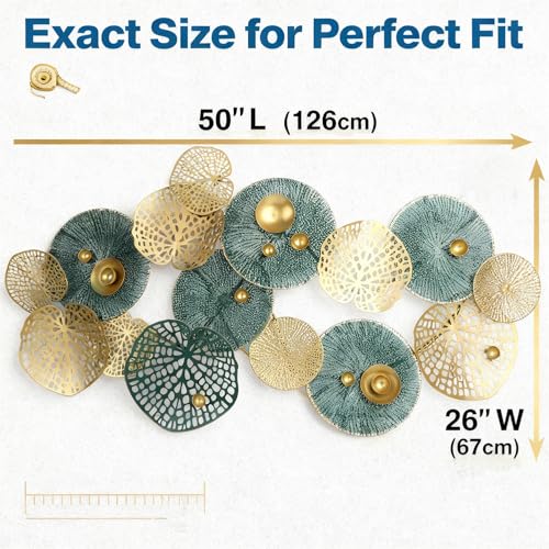Large 3D Metal Wall Art, 50"L x 26"W Modern Blue & Gold Lotus Leaf Wall Sculpture, Luxury Coastal Home Decor for Living Room Bedroom, Elegant Gift for Housewarming Wedding Mother's Day for Homeowners