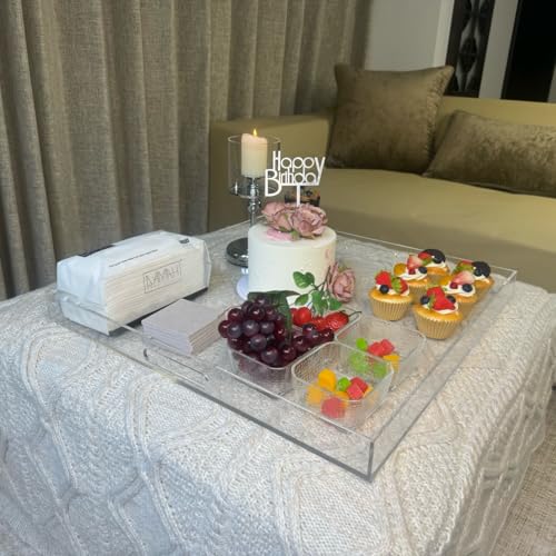 Extra Large Clear Modern Acrylic Ottoman Tray with Cutout Handles 22x22 Inch Over-Sized Serving Tray Organizer Boot Tray Decorative Tray for Living Room Bedroom Entryway and Kitchen Tabletop - color: Clear, size: 22" x 22" x 2"