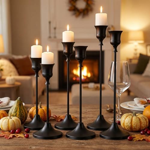 2 Sets(6 Pcs) Black Tapered Candle Holder,Candlestick Tall Metal Candlestick Holders for Table Centerpiece Home Decor for Wedding Fireplace Mantel Housewarming Gift Fits 3/4 Inch Thick Candles - color: Black