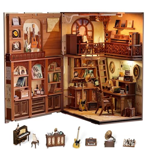 Cutefun Book Nook Kit,3D Wooden Puzzle Bookends,Miniature house kit with dust cover,Bookends Kit with LED Lights,DIY Dollhouse Bookend Tiny House for Adults,Birthday Easter Home Decor for Teens Adults - style: The Secret Rhythm