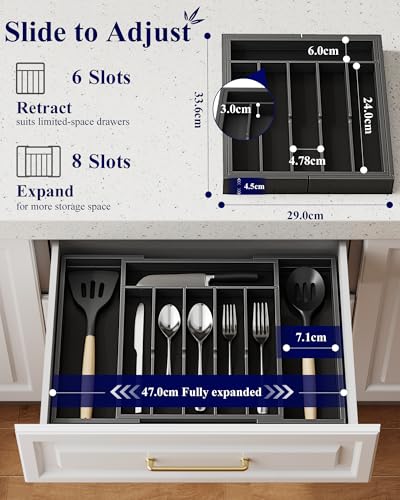 Kitsure Silverware Organizer - Expandable Bamboo Kitchen Drawer Organizer for Cooking Utensils and Cutlery, Sturdy & Thickened Kitchen Organizers and Storage Solution, Large, Black - color: Black, size: Large