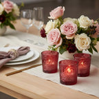 12 Pack Patented Sun Moon Star Embossed Glass Tea Light Candle Holders - Unique Votive Candle Holders for Wedding, Party, and Table Centerpieces (Wildberry Red) - color: Wildberry Red