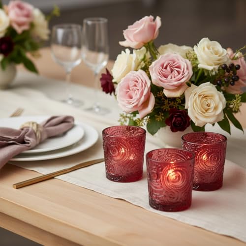 12 Pack Patented Sun Moon Star Embossed Glass Tea Light Candle Holders - Unique Votive Candle Holders for Wedding, Party, and Table Centerpieces (Wildberry Red) - color: Wildberry Red