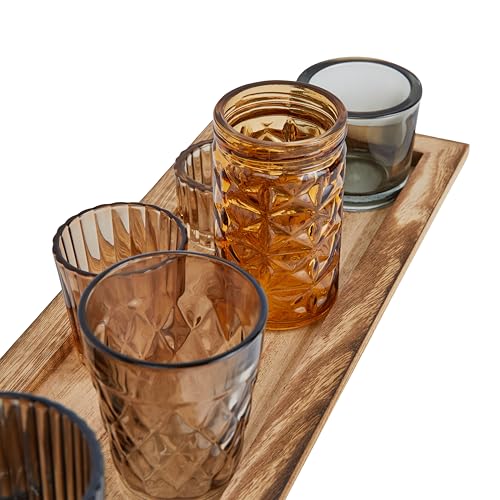 Wood Tray with 9 Brown Glass Votive Holders (Set of 10 Pieces) - color: Browns