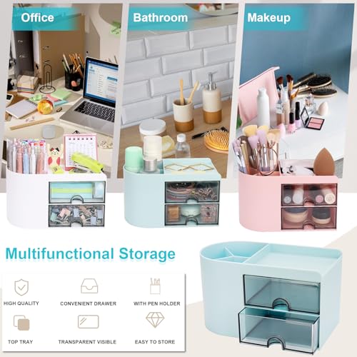 Meiikun Desk Organizer with Drawer, Pen Organizer for Desk, Small Pencil Holder, Desk Organizers and Accessories for Office Home Storage (2 Drawers+4 Compartments, Blue) - color: 4 Compartments + 2 Drawer (Blue)