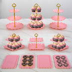 Pack of 10 NWK Cake Stand Set, with 3 x Two-Tier and 3 x Three-Tier Cupcake Stands, 4 x Appetizer Trays, 1 x Tablecloth for Birthday Bridal Baby Shower Party (Pink) - color: Pink
