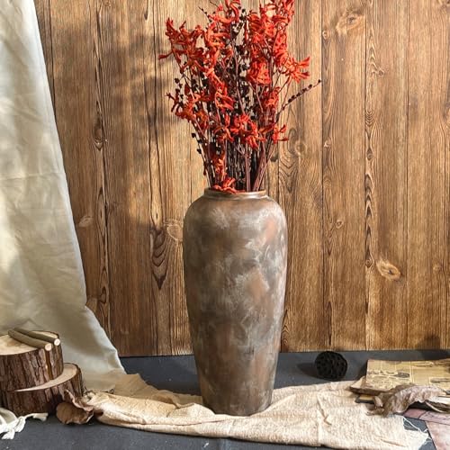 15 Inch Vintage Farmhouse Decor Ceramic Rustic Vase, Handmade Brown Flower Vases for Centerpieces, Living Room & Kitchen Shelf Decorative Pottery Vase for Home Decor - color: Brown, size: Large