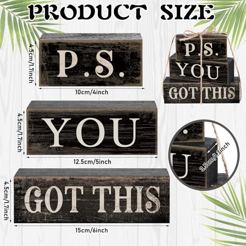 Yuntau 4 Pcs Farmhouse Motivational Office Desk Black Decor P. S. You Got This Wooden Tabletop Inspirational Tiered Tray Decorations Rustic Sign Block Gift for Women Home Kitchen Shelf - style: Got This
