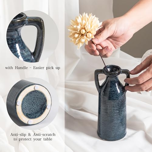 Ceramic Vase Set of 3 - Rustic Vases Set for Flower Centerpieces Pampas Grass - 3 Blue Bud Vase for Decor - Modern Decoration Terracotta Vases for Home Farmhouse Table Office, Mini Pottery Vase - color: 105-blue