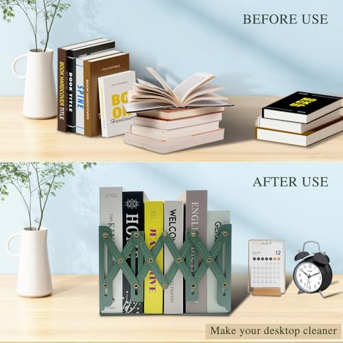 Adjustable Bookends Non Skid Decorative Bookends,Metal Bookend for Heavy Books,Bookshelf Organizer Holder for Books and Magazines for Desk(Green) - color: Green