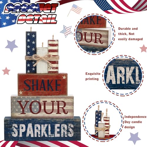 CroBlissful 4 Pcs 4th of July Decorations Patriotic Memorial Day Tabletop Decorations Red White Blue Table Centerpieces Sign for Office Tiered Tray Home Shelf 250th Anniversary(Shake) - style: Shake