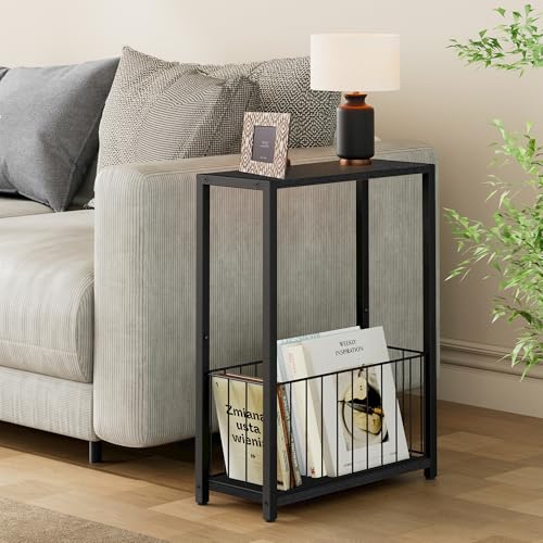 Homleke Narrow Side Table with Magazine Holder, Skinny End Table Perfect for Small Spaces, Space-Saving Design for Living Room, Bedroom, or Office, 7.1" D x 16.9" W x 23.6" H, Black - color: Black - Standard