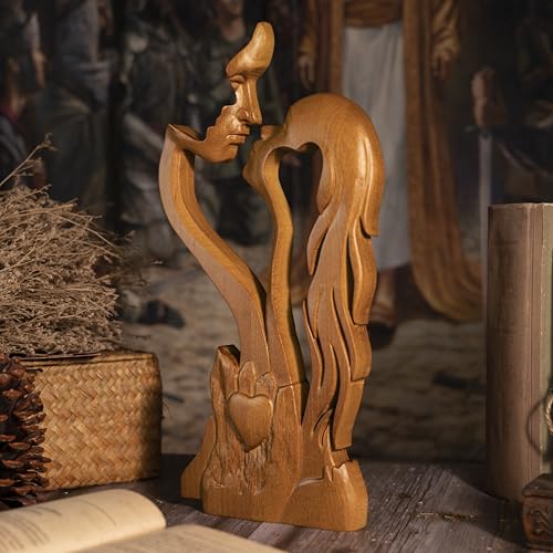 BGCOPPER Wooden Kissing Couple Ornament, Abstract Couple Portrait Sculpture Romantic Love Statue Decor Gift for Women Anniversary Valentine Wedding - 14 Inch - color: Wood, size: 14 Inch