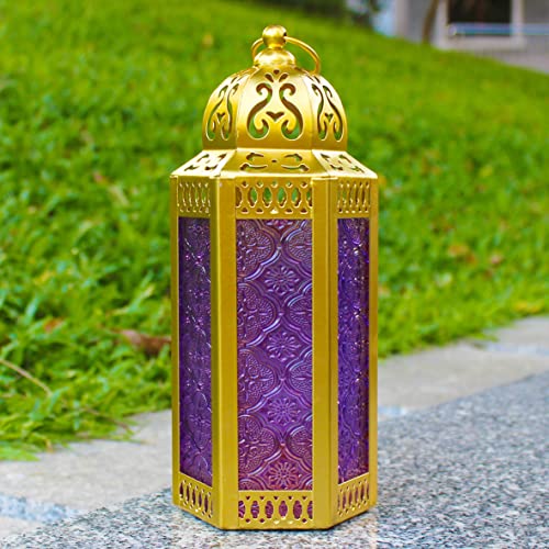 CVHOMEDECO. Decorative Candle Lantern Moroccan Lanterns Vintage Golden Metal Lantern Holder for Home Patio Outdoor Decor. Purple Glass, Medium - color: Purple G