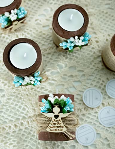 Ju's Favors Wooden Candle Holders Set of 10 for Baptism Favors for Guests, Christening Party Favors. (Dark brown - blue) - color: Dark Brown - Blue