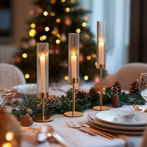 Gold Hurricane Candle Holders, Set of 6 Glass Taper Candlestick Holders Metal Candle Stands Bulk with Ribbed Glass Cover for Dining Tables Wedding Candelabra Centerpieces Decor - color: Gold