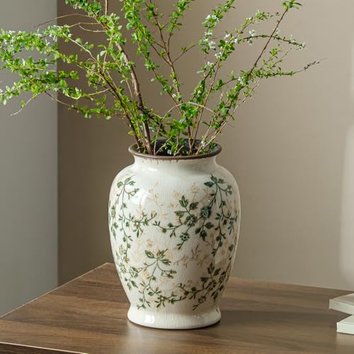 Ceramic Flower Vase | Green Rustic Farmhouse Vase for Home Decor, Vintage Floral Pottery Tuscan Decorative Vase for Living Room & Kitchen, Mantel & Bookshelf, Centerpieces, Entryway, Wedding(8 Inch) - color: 08-green and Beige
