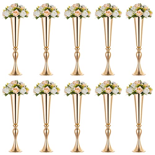 NUPTIO Gold Tall Centerpiece Table: 21.9" Trumpet Vases for Wedding Metal Flower Stand for Party Decorations Set of 10 - size: 10 Pcs