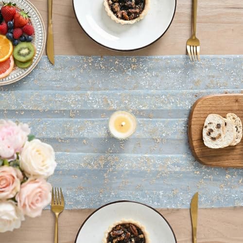 Artoid Mode Gold Gauze Light Blue Table Runner 120 Inch 10FT, Glitter Metallic Foil Sheer Dining Wedding Anniversary Holiday Birthday Table Decor for Home Party - color: Light Blue Gold, size: 28" x 120"