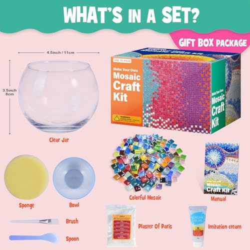 Glass Mosaic Candle Holder Kit - DIY Mosaic Kits for Adults & Crafts for Girls 8-12 - Arts and Crafts for Kids, Tealight Candle Holder for Home Decor, Birthday Easter Gifts for Kids Ages 6 7 8-12
