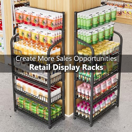 Retail Display Rack Stand, Snack Display Rack with Hooks, Metal Wire Storage Shelf, Snack Candy Display Organizer for Stores Kitchen Office(5-Tier 27.6x10.6x65.3 in)