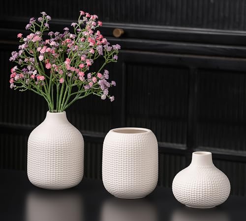 White Ceramic Vases for Decor, Weave Style Modern Minimalist Decorative Vase Set of 3 for Table Shelf, Bookshelf Decoration - color: 14 White