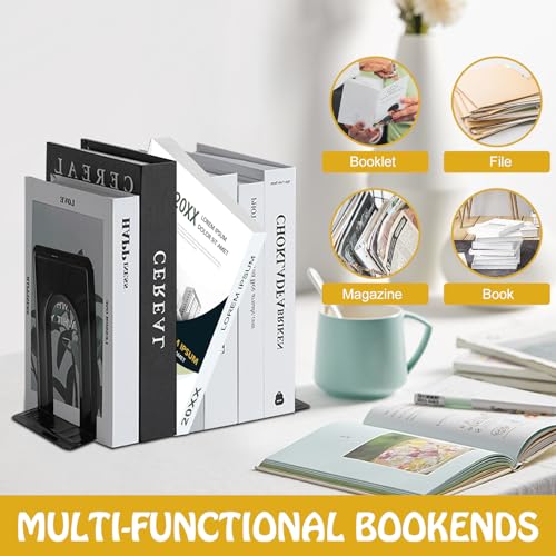 14 PCS/7 Pair Black Metal Bookends, 6.5 x 4.9 x 5.7in Heavy Duty, Non-Skid, Universal Book Stopper