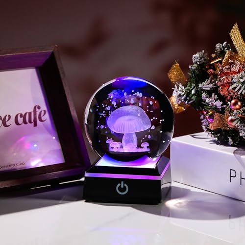 Qianwei 3D Crystal Ball Night Light - 3.14'' Mushroom Decor Glass Plants Lamp Figurines Statue for Room Decoration - style: Mushroom