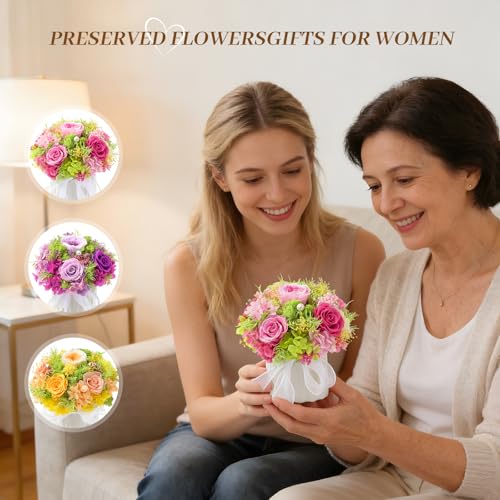 Preserved Flower Bouquet with Vase for Delivery Prime, Natural Forever Rose (Pink Eternal Floral Arrangement) - color: Pink