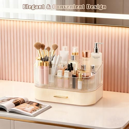 Makeup Organizer Countertop with 360 Rotating Brush Holder, Make Up Organizers For Vanity With Drawer, Bathroom Countertop Skincare Organizer And Storage - size: 2-layer