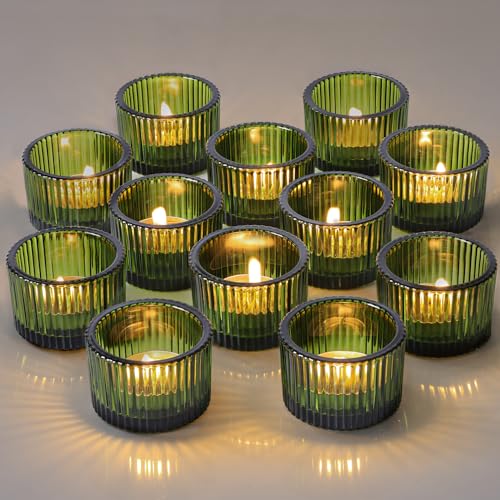 Lanttu Green Tealight Candle Holder Set of 12, Small Votive Candle Holders for Table Centerpiece,Glass Tea Light Candles Holder for Party&Home,Wedding Decor(2''Dia*1.4''H) - color: Green