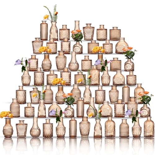 Glass Bud Vases Set of 64 - Amber Assorted Small Mini Glass Vases for Flowers, Crystal Vintage Vase Set, Bulk Centerpieces for Table Décor, Wedding, Home and Events (Amber, 64 Pcs) - color: Amber, size: 64 Pcs