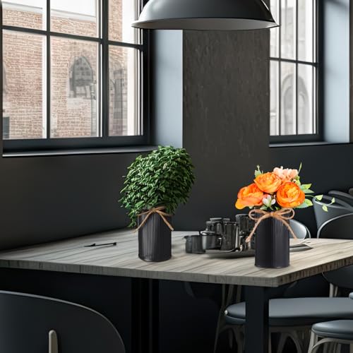 Rustic Vase for Table Centerpieces 4.33 Inch Small Petite Flower Vase with Twine Bow Vintage Farmhouse Decor for Wedding Reception Dining, Home Galvanized Metal Buckets(Black,12 Pcs) - color: Black