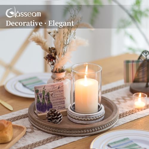 Glasseam Hurricane Glass Candle Holders, Rustic Pillar Candle Holder Set of 2, Farmhouse Candle Holders for Table, Cylinder Candle Holder with Beaded Candle Plates for Dining Living Room Decorations