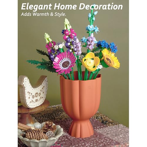 Bouquet Vase for Lego & Crafted Flowers - Flower Arrangement Vase with Floral Grid & Ribbons, Impact Resistant, BPA-Free ABS Plastic, Home Decor Gift for Lego & Flower Lovers (Terracotta Orange)