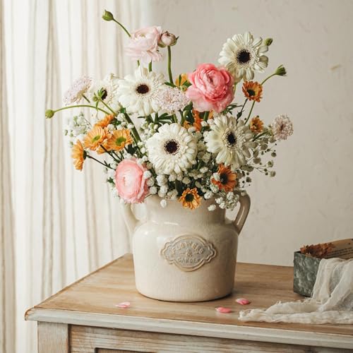 Rustic White Ceramic Vase, 5.8 Inch Vintage Flower Vases with Handle, Farmhouse Distressed Decorative Vases for Home Decor, Wide Mouth Vase for Living Room Bedroom Table Shelf Decorations - color: White