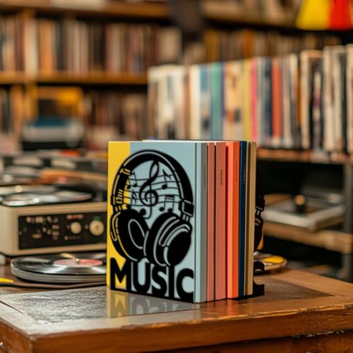 Peacoblue Metal Bookends for Shelves, Headphones with Music Notes Modern Decorative Heavy Duty Study Book Ends Stoppers for Office Desk Shelf Room 5.3"x4.3"x7.9" Cast Iron Simple Tall Bookends 1 Pair - style: Headphones with Music Notes