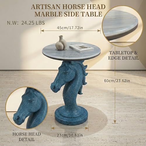 Luxury Horse Statue Round Side Table - 24" Faux Marble Top End Table, Luxury Resin Animal Sculpture Pedestal, Unique Artistic Accent Table for Living Room, Bedroom & Office, Navy Blue - color: Blue Horse
