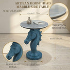 Luxury Horse Statue Round Side Table - 24" Faux Marble Top End Table, Luxury Resin Animal Sculpture Pedestal, Unique Artistic Accent Table for Living Room, Bedroom & Office, Navy Blue - color: Blue Horse