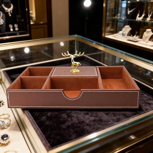 Jewelry Trays Nightstand Organizer, Valet Tray for Men and Women, Tray Organizer,Can hold Mobile phones, watches, cosmetics, keys. Dark Brown Faux Leather, 5 CompartmentCompartment - color: brown