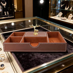 Jewelry Trays Nightstand Organizer, Valet Tray for Men and Women, Tray Organizer,Can hold Mobile phones, watches, cosmetics, keys. Dark Brown Faux Leather, 5 CompartmentCompartment - color: brown