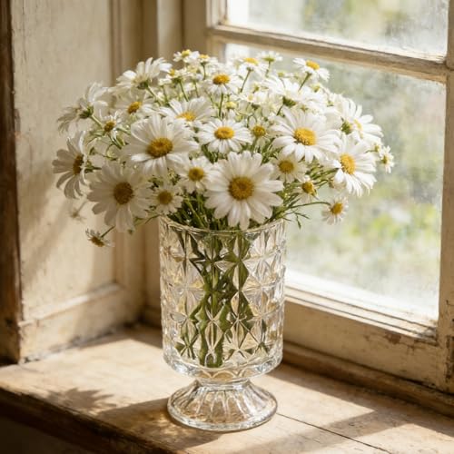 BLOFLO Embossed Glass Vase, 7'' Crystal Glass Vases for Flowers, Pedestal Big Base Glass Bouquet Vase, Hydroponic Glass Transparent Vase for Home Office Wedding Dining Table Party - color: Diamond Pattern